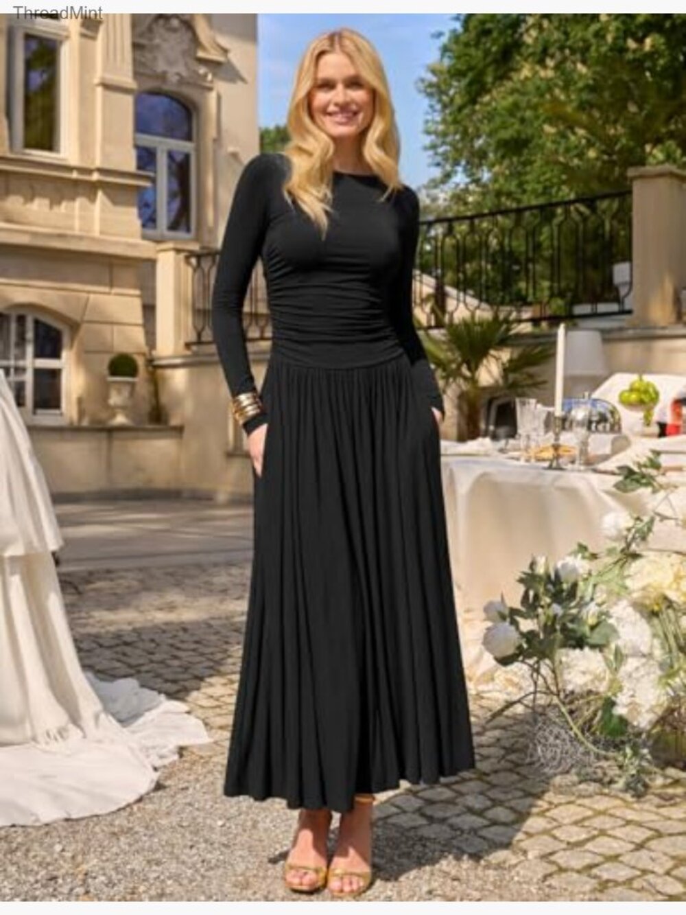 Long Sleeve Knit Maxi Dress with Pockets Swing Pleated A-Line - Picture 2 of 7